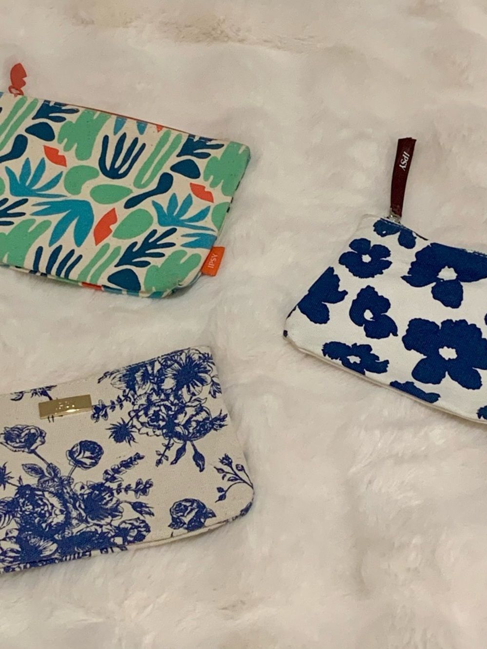 Ipsy Set of 3 Patterned Cosmetic Pouches in Blue, Teal, Orange
